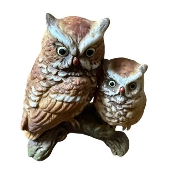 Napco Porcelain Two Owl Figurine Sitting on Branch # 314 w Sticker Japan 3.25" - Picture 1 of 7